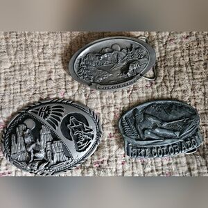 VINTAGE HAUL 3 Leather Belts + 3 USA made Colorado & Navajo Theme Belt Buckles